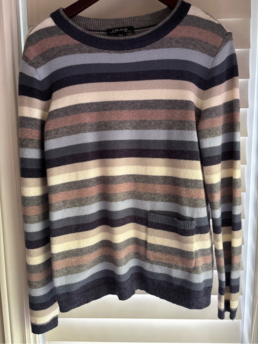 CHARLIE B Striped Crewneck Sweater - Navy, Cream, Gray, Dusty Rose
